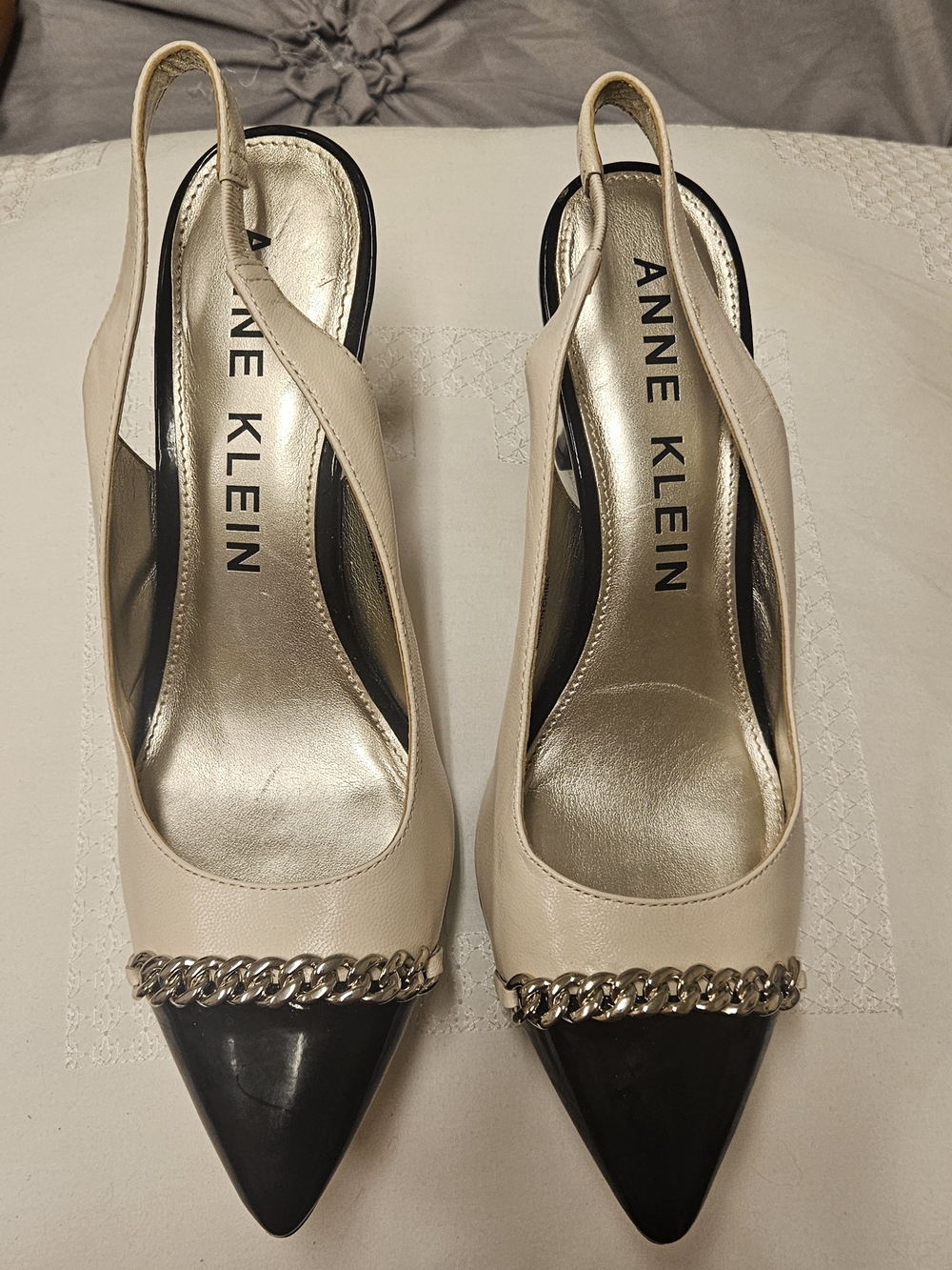Anne Klein Cream and Black Pointed Toe Chain-Trim Slingbacks